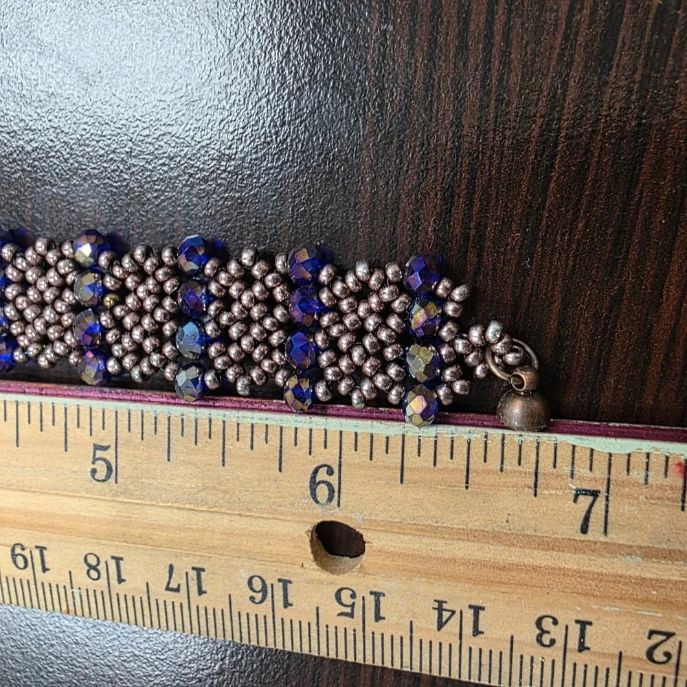 Handmade Beaded Cuff Bracelet Blue Iridescent Crystal Bronze Seed Bead Magnetic